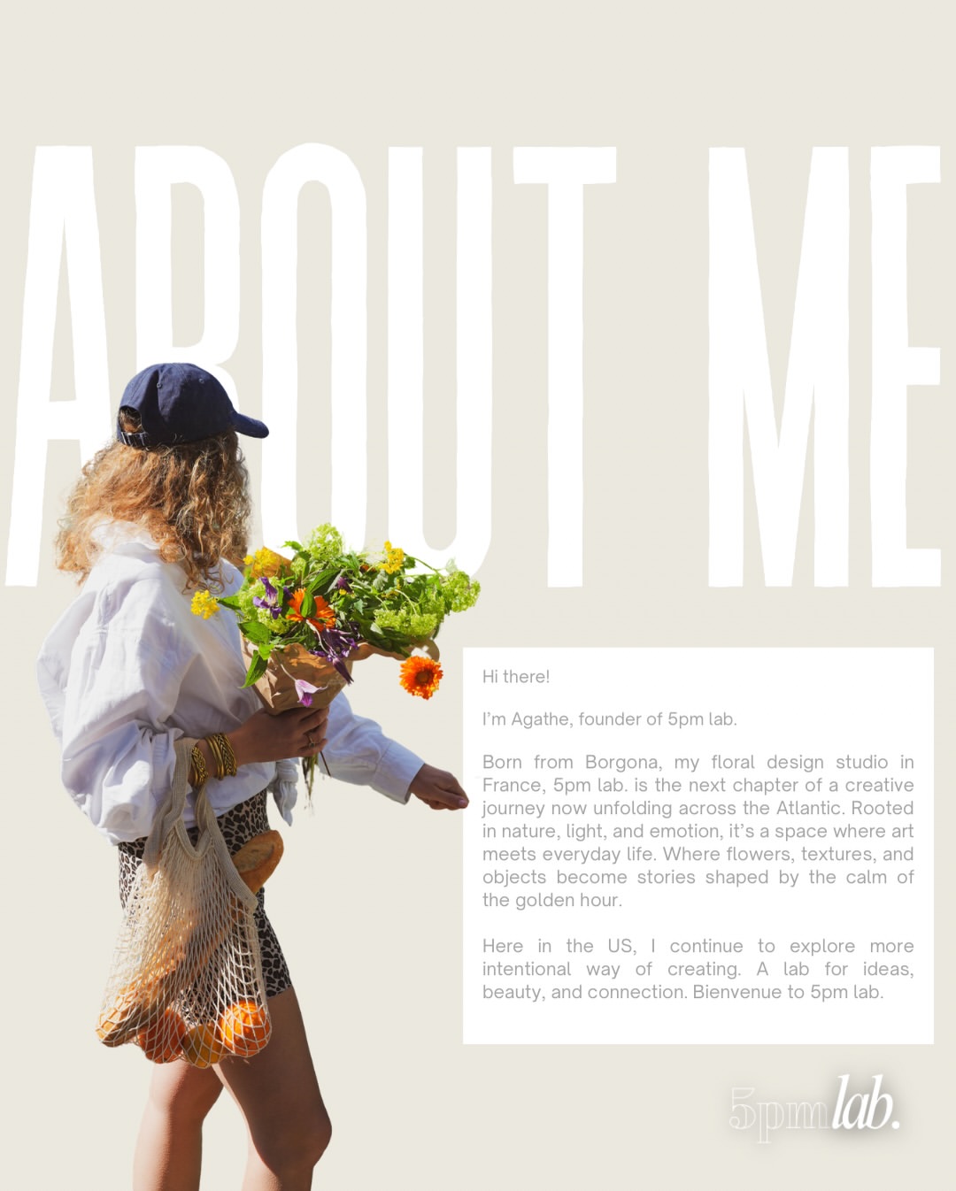Agathe, founder of 5pm lab, carrying a market bouquet