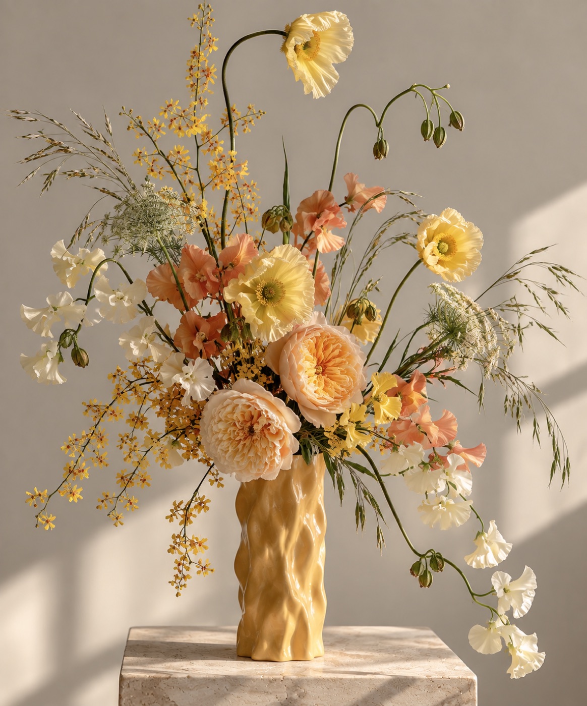 A monochrome composition in a yellow ceramic vase