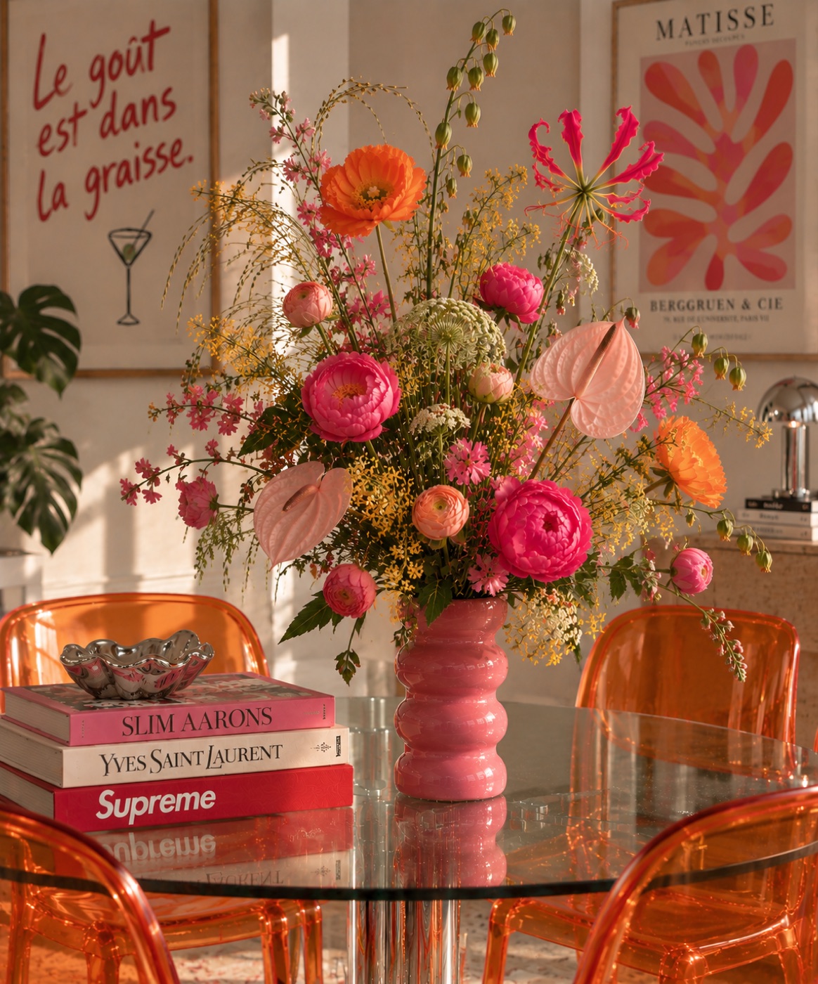 A two-colour composition in a raspberry glass vase