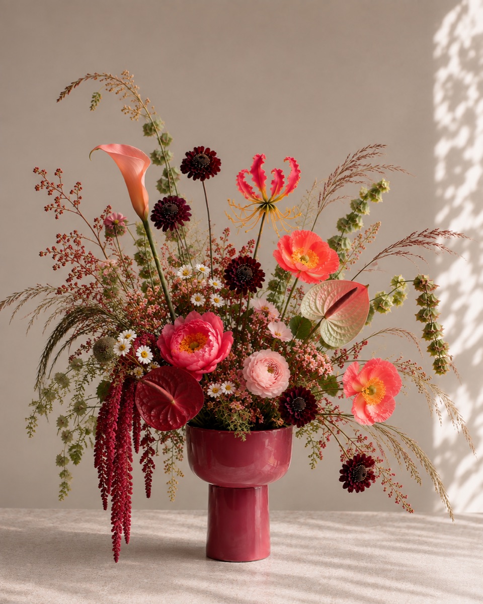 A seasonal composition in a raspberry vase, at the atelier