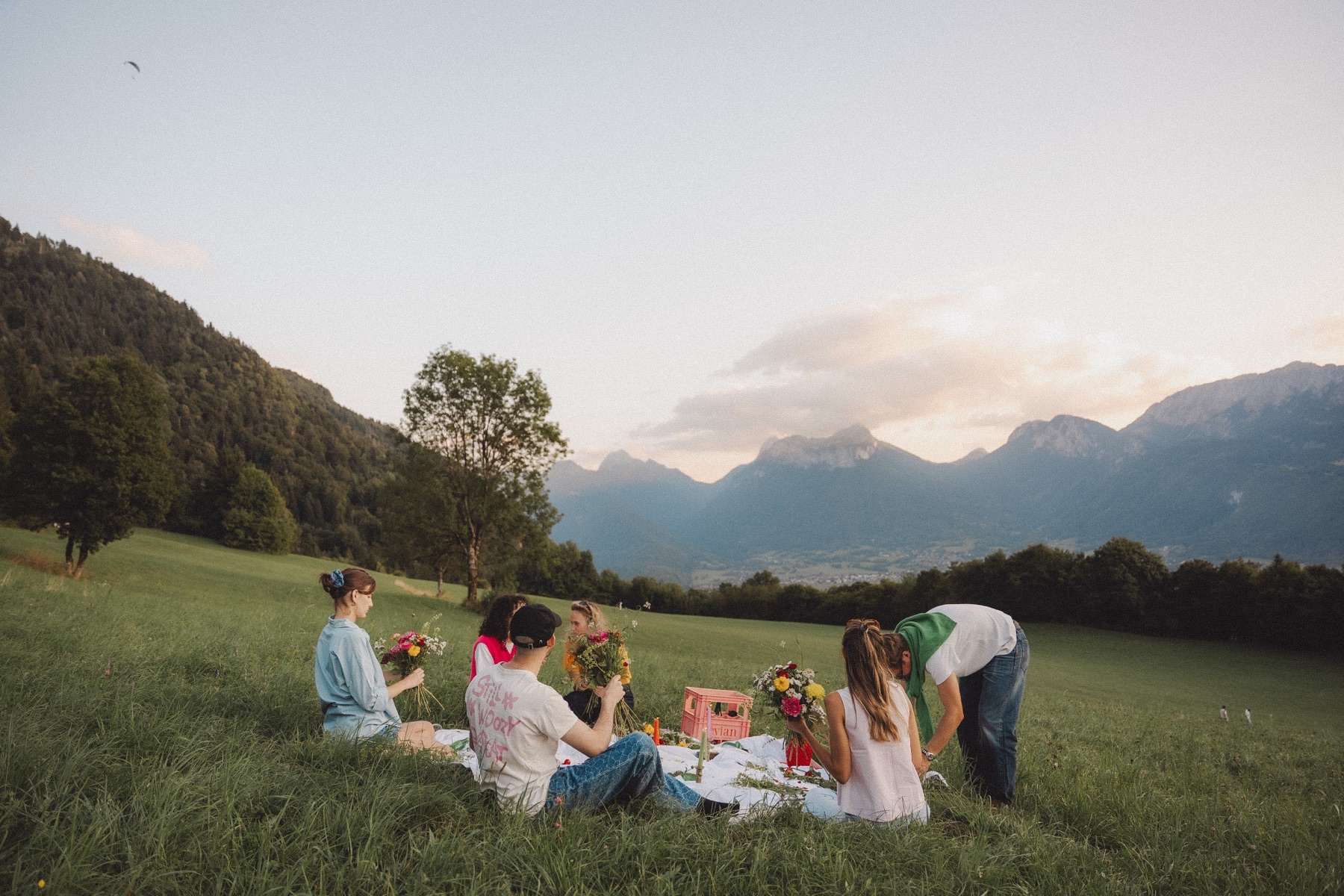 A floral workshop in a mountain meadow at golden hour